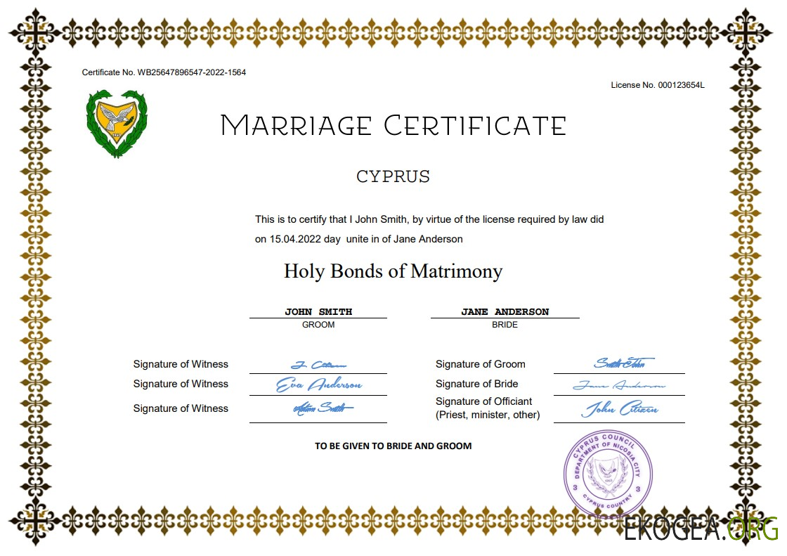 Modèle Word et PDF d'acte de mariage à Chypre